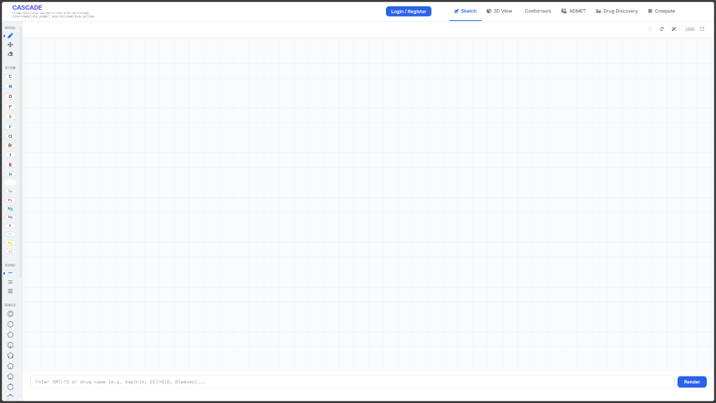 CASCADE application — Sketch tab showing the molecular drawing canvas with atom palette, bond tools, and ring templates