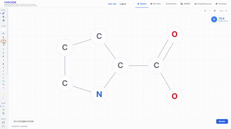 CASCADE application — Sketch tab showing the molecular drawing canvas with atom palette, bond tools, and ring templates